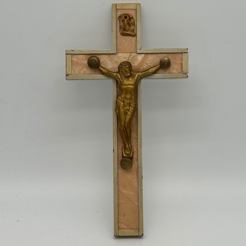 Vintage MCM Pearloid Celluloid Crucifix Wall Cross Gold Brass Jesus Corpus INRI